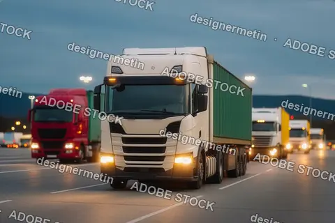 Modern White Semi Truck Driving On Highway Road Transporting Green Freight Cargo Container During Evening Twilight Traffic