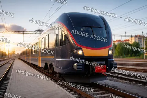 Modern High Speed Electric Passenger Train Waiting At Station Platform During Beautiful Golden Sunset Evening Light