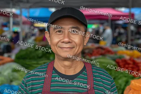 Middle-Aged Male Vendor At Outdoor Food Market, Smiling With Fresh Vegetables In Colorful Background
