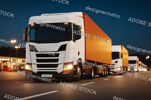 Fleet Of Modern White Semi Trucks With Orange Trailers Driving On Highway At Night Under Streetlights And Clear Sky
