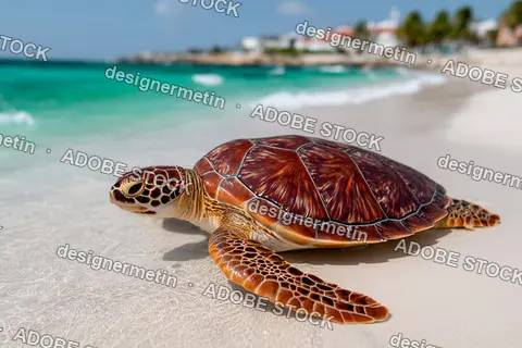 Sea Turtle Resting On Sandy Beach Shoreline Beside Turquoise Ocean Water, Showcasing Marine Coastal Wildlife Beauty