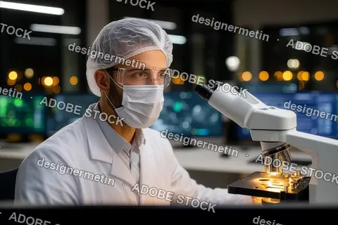 Scientist In Laboratory Using Microscope For Detailed Analysis In Advanced Cleanroom Research Facility