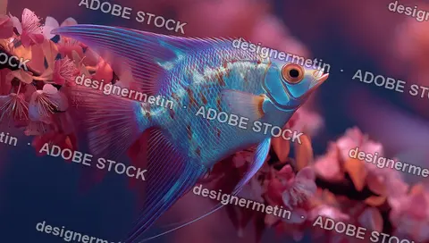 Colorful Futuristic Angelfish Swimming Among Cherry Blossoms In An Imaginative Surreal Underwater World