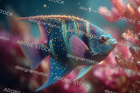 Bioluminescent Blue Angelfish In Futuristic Underwater Setting With Coral And Glowing Background Details