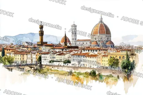 Watercolor Illustration Of Florence Skyline With Duomo Cathedral Seen From River With Scenic Historic Rooftops