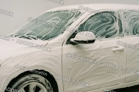 Car Covered In Thick White Foam During Wash With Swirling Soap Patterns Across Windows And Paintwork