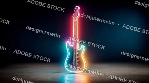 Neon Electric Guitar Glowing In Center Spotlight, Dramatic Loop Animation For 4k Music Video Scene