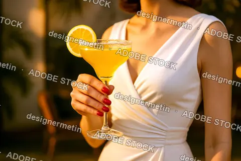 Elegant Woman In White Dress Holding Refreshing Yellow Cocktail With Lemon Slice Garnish During Golden Hour Outdoor Event