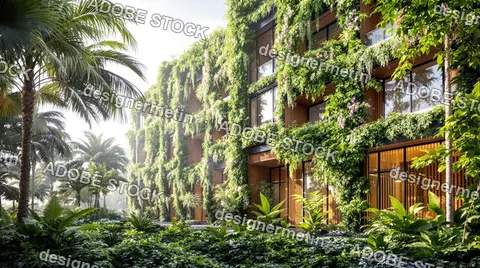 Modern Sustainable Building Covered In Green Vertical Garden Surrounded By Tropical Trees And Plants