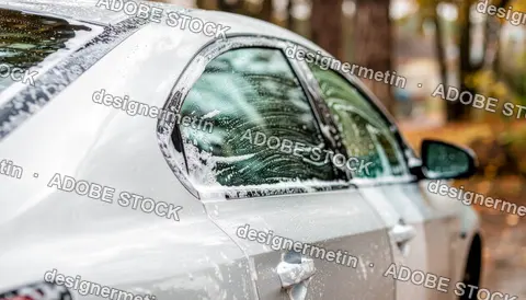 White Car Covered In Soap Suds During Detailed Exterior Wash In Forested Area On Autumn Day