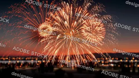 Golden Silver Fireworks Video Over City Skyline At Night During New Year Celebration With Sparkle Effects