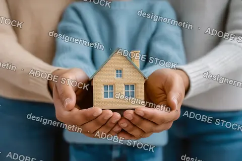 Closeup Of Family Holding Small Model House Together Symbolizing Home Ownership Safety Security Support And Real Estate Investment