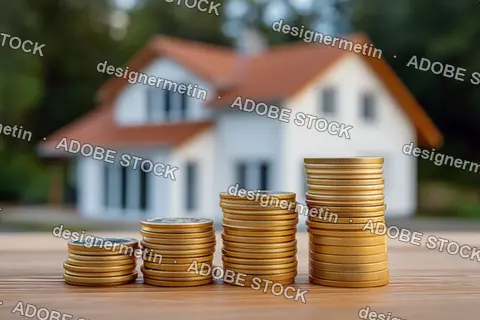 Stacks Of Gold Coins Increasing In Height In Front Of Blurred House Representing Property Investment Mortgage Savings And Wealth