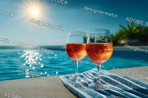 Two Elegant Glasses Of Sparkling Drink By Poolside In Sunlight, Refreshing Summer Vacation Concept Captured Beautifully