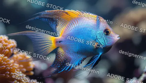 Cinematic Digital Illustration Of A Royal Angelfish In Bright Neon Hues Swimming Among Coral In Deep Ocean