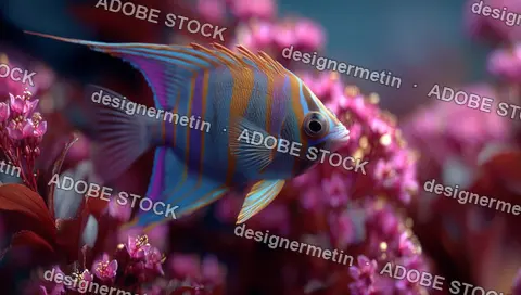 Brightly Striped Tropical Fish Swimming Through Vivid Coral Reef In Fantasy Style Underwater World