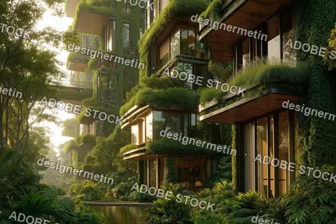 Eco-Friendly Residential Complex With Green Rooftop Gardens And Lush Vegetation In Sustainable Architecture