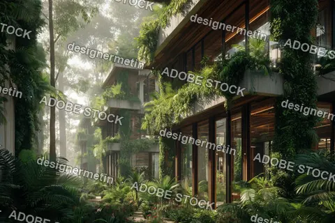Modern Green Apartment Buildings With Plants And Trees Integrated Into Eco-Friendly Futuristic Architecture