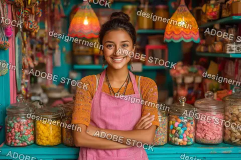 Confident Young Indian Woman Standing In Vibrant Candy Store Wearing Apron Among Colorful Sweet Displays
