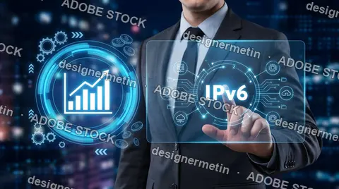 Businessman In Formal Suit Interacting With Virtual IPv6 Interface, Futuristic Internet And Cloud Concept