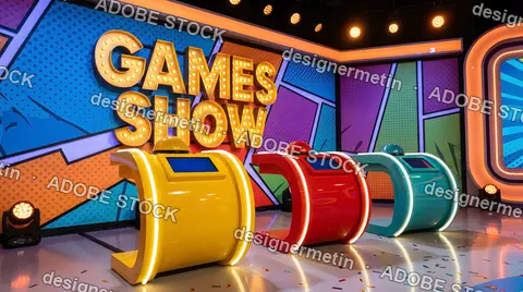 Colorful Game Show Set With Curved Buzzers And Comic Book Style Background Design Lit With Stage Lights