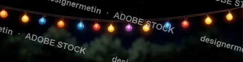 Multicolored Glowing String Bulbs Illuminating Night Garden Party Scene With Festive Cozy Backyard Atmosphere