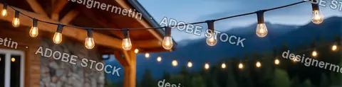 Vibrant String Lights Decorating Wooden Patio With Bokeh Lights Background During Evening Celebration Party Gathering