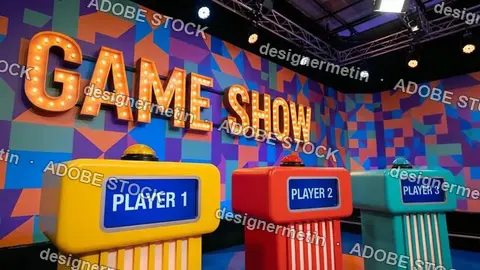 Colorful Retro Game Show Studio Set With Podiums Lights And Signage Ready For Exciting Television Competition Quiz Video
