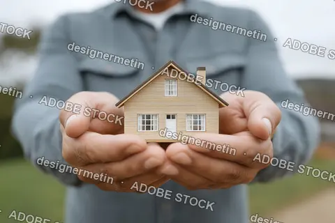 Human Hands Gently Presenting Small Model House Symbolizing Real Estate Investment Security Protection Property Ownership And Home Buying Concepts