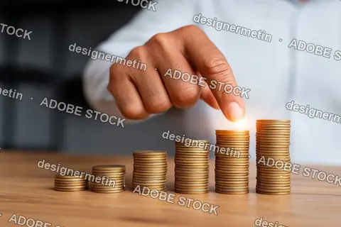 Hand Placing Coin On Growing Stack Symbolizing Financial Success Investment Savings Wealth Accumulation And Long Term Economic Stability Progress