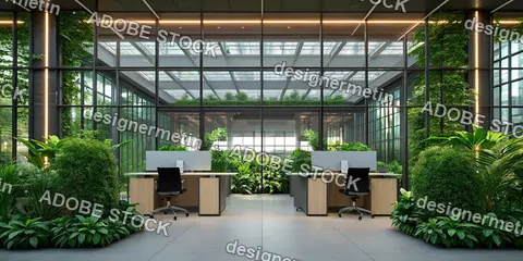 Modern Eco Friendly Office Interior With Glass Walls Lush Greenery And Sustainable Workspace Design