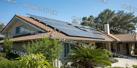 Modern Solar Panels Installed On Residential Tiled Roof Demonstrating Renewable Energy Efficiency