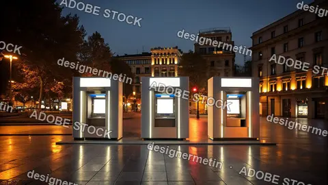 Three Modern Automated Teller Machines Illuminated At Night In Urban Financial District