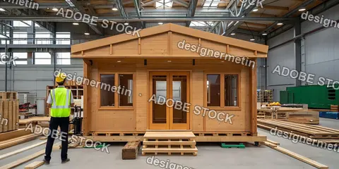 Wooden Modular Home Construction Showcased Inside Industrial Factory Hall With Sustainable Prefabricated Housing Production Process