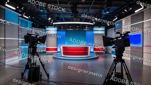 Modern Television News Studio Interior With Professional Cameras Lighting Rig And Broadcast Desk Ready For Live Production