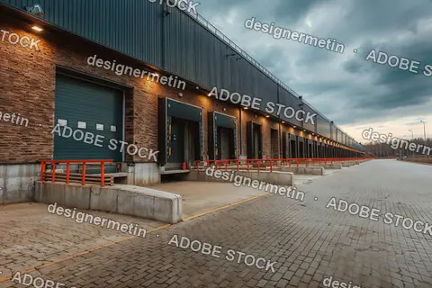 Modern Industrial Warehouse Loading Docks With Closed Bay Doors Exterior Perspective Showing Logistics Infrastructure And Distribution Center Operations