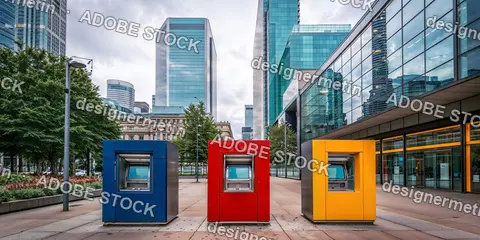 Colorful Modern Atm Machines Aligned In Urban Business District Plaza Surrounded By Glass Office Buildings And Financial Architecture