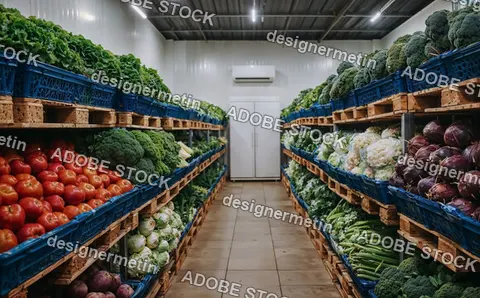 Fresh Organic Vegetables Stored In Refrigerated Warehouse Showcasing Sustainable Food Supply Chain Cold Storage And Agricultural Distribution System