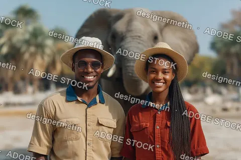 Smiling Safari Guides Posing Together In Front Of Elephant At Wildlife Reserve On Sunny Day