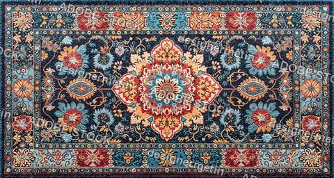 Ornate Persian Rug With Floral Medallion Pattern And Rich Blue Red Colors Traditional Textile Design Decorative Interior Background