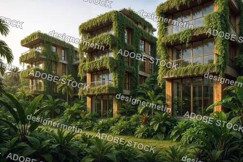 Sustainable Green Building Complex Surrounded By Lush Tropical Plants And Trees In Modern Paradise