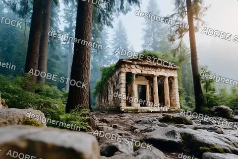 Ancient Greek Stone Temple Hidden In Mystical Foggy Forest Landscape With Tall Pine Trees Around