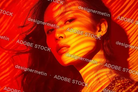 Artistic Fashion Portrait Of Woman Under Red And Yellow Light Shadows With Dramatic Warm Lighting