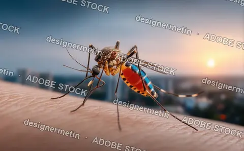 Macro Close-Up Of Mosquito Feeding On Human Skin At Sunset Showing Detail Of Vibrant Insect Body