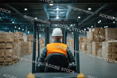 Back View Of Warehouse Worker Driving Forklift Among Shelves Stacked With Cardboard Boxes And Inventory