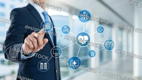 Businessman Touching Virtual Healthcare Icons Network For Hospital, Insurance, Data And Medical Services
