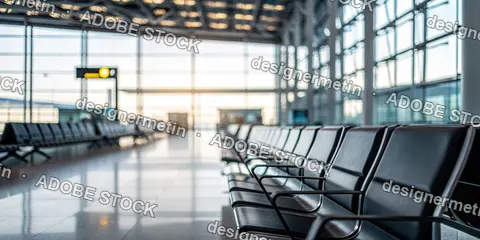 Empty Airport Terminal With Rows Of Modern Black Chairs And Large Windows During Early Morning Sunlight
