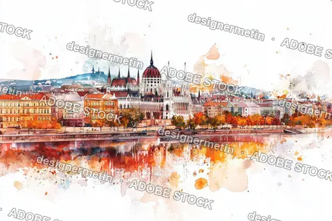 Watercolor Illustration Of Hungarian Parliament In Budapest During Autumn With Bright Cityscape Reflection