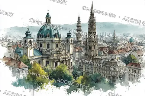 Watercolor Illustration Of St Charles Church And Baroque Vienna Skyline With Hills In The Background