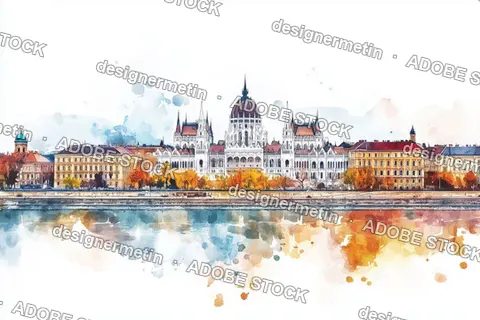 Watercolor Illustration Of Budapest Parliament With Riverside Buildings And Autumn Foliage Reflections